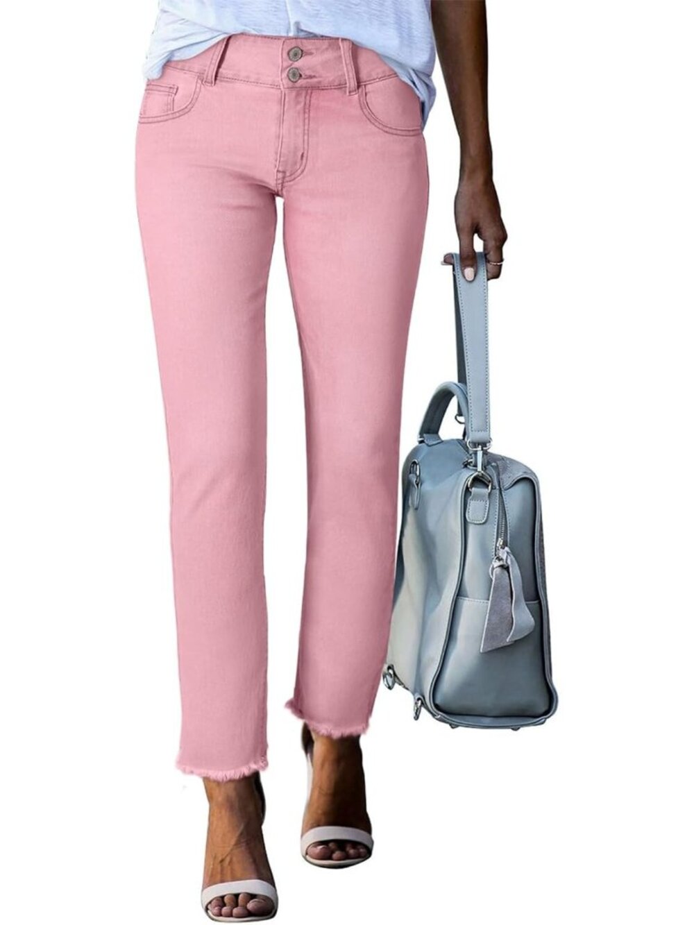 Women Pink High Waisted Raw Hem Ankle Double Button Denim Straight Leg Jeans